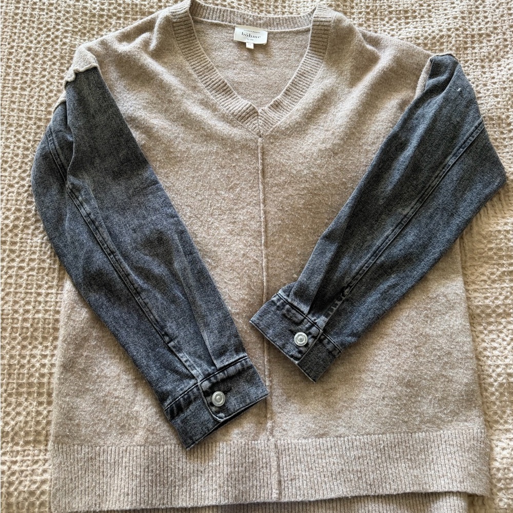 Bohme Beige and Denim V-Neck Sweater